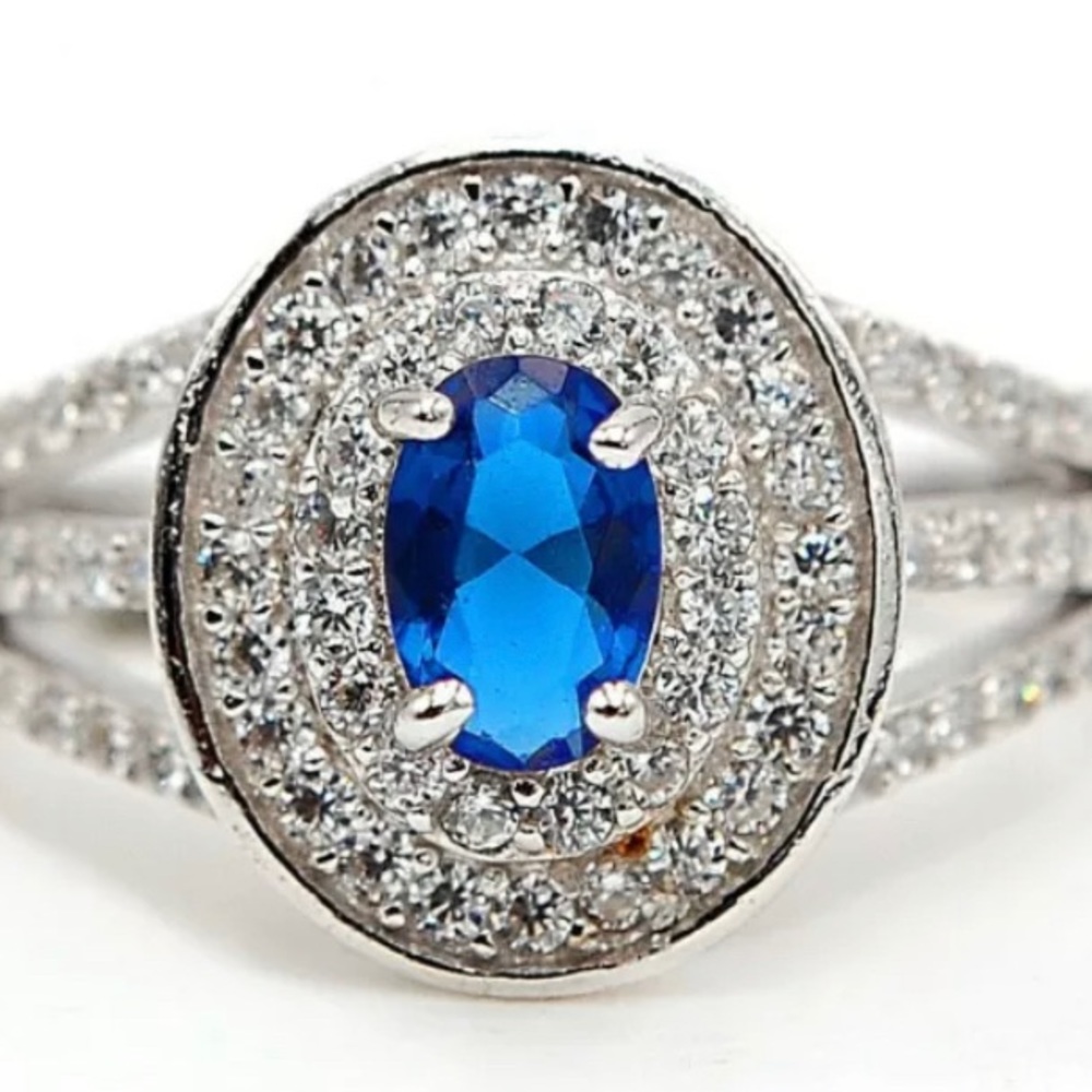 2ct Blue Sapphire & Topaz 925 Solid Sterling Silver Ring Size 7